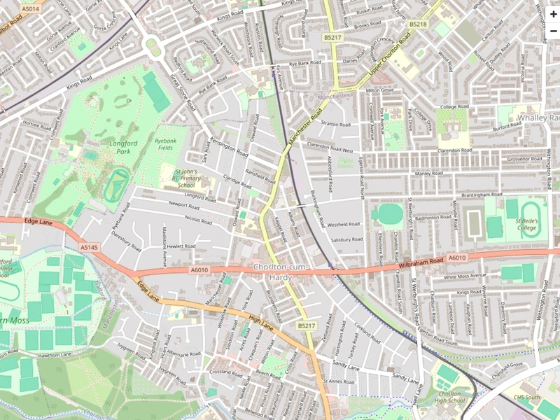 Street map of the Chorlton, Manchester neighbourhood near Brightwell Dental