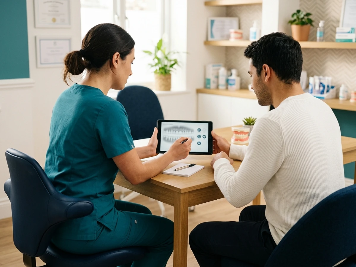 Dentist talking through a treatment plan with a patient at Brightwell Dental
